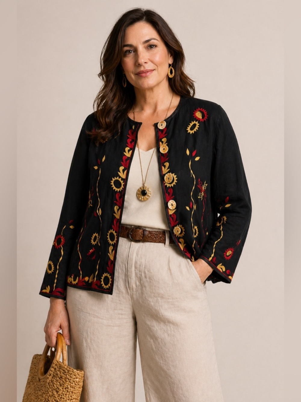 Allure Embroidered Black Jacket Floral Boho Button Front Womens 2X
